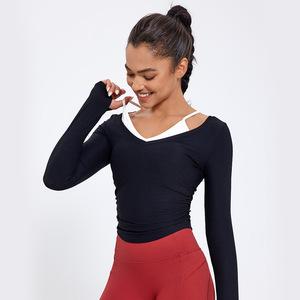 Women's Yoga <b>Top</b> Long Sleeve Ribbed Criss <b>Cross</b> Neck With Breast Pads Fitness Wear Body Shaping - Product Image 4
