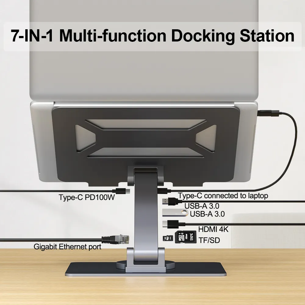 Neueste 4K Hdmi Usb Hub Aluminium Laptophalter tragbar Höhe Winkel einstellbar faltbar Laptopständer mit Docking-Station