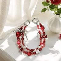 Lujoso Colgante para Teléfono Araña Roja, Cordón con Cuentas de Cristal y Diamantes de Imitación, Llavero Gótico Plateado, Colgante para Bolso, Joyería Hecha a Mano al por Mayor