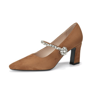 Zapatos de Mujer Mary Jane con Punta en Pico, Tacón Cuadrado, Correa de Cristal, Forro de Microfibra de Terciopelo, Tacón Mediano, Color Sólido, a la Moda - Product Image 4