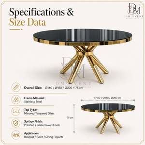 Table de banquet de mariage ronde personnalisée en acier inoxydable doré avec base en ruban croisé et plateau en verre trempé miroir - Product Image 4