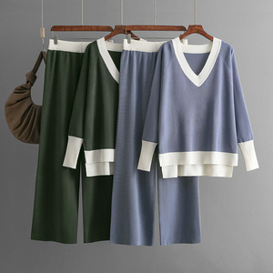 <span class=keywords><strong>Ensemble</strong></span> 2 pièces <span class=keywords><strong>d</strong></span>écontracté Blubelle en tricot patchwork color-block, nouveau pour l'<span class=keywords><strong>hiver</strong></span> 2025, pull à col en V pour <span class=keywords><strong>femme</strong></span> + pantalon large long - Product Image 2