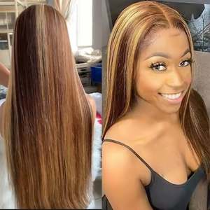 Perruque frontale en dentelle transparente 13x4 double trame pour femmes P4/27, densité 180%, cheveux humains lisses, longueur longue, toutes les couleurs - Product Image 1