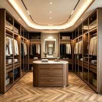 Système de dressing central incurvé en bois avec éclairage LED, armoire de rangement sur mesure pour chambre de villa en immeuble de grande hauteur