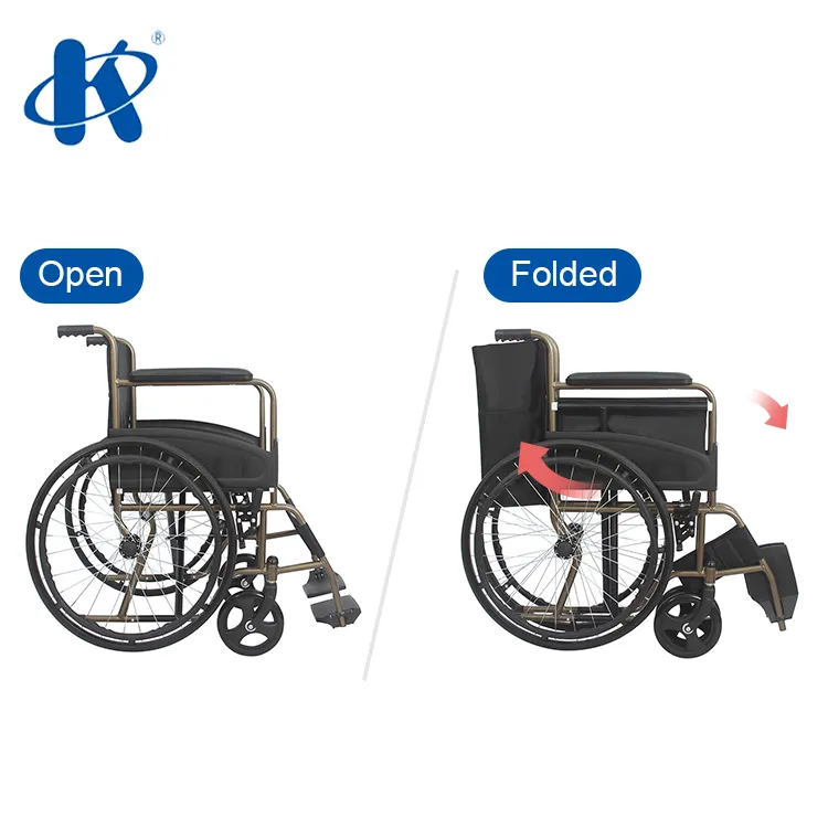 Kaiyang KY875-A中国サプライヤー標準スチールオリーブカラー手動車椅子標準エコノミースチール折りたたみ手動車椅子