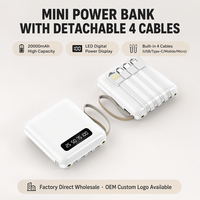Mini Power Bank 10000mAh 20000mAh avec 4 câbles intégrés Chargeur portable QC4.0 CE FCC Format de poche pour téléphone iOS Android