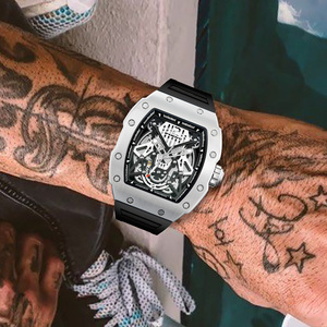 PINDU <b>Men's</b> Tonneau Mechanical Watch <b>Glass</b> Crystal Stainless Steel Case Limited Edition Pointer Rubber Strap 30M Water Resistant - Product Image 5