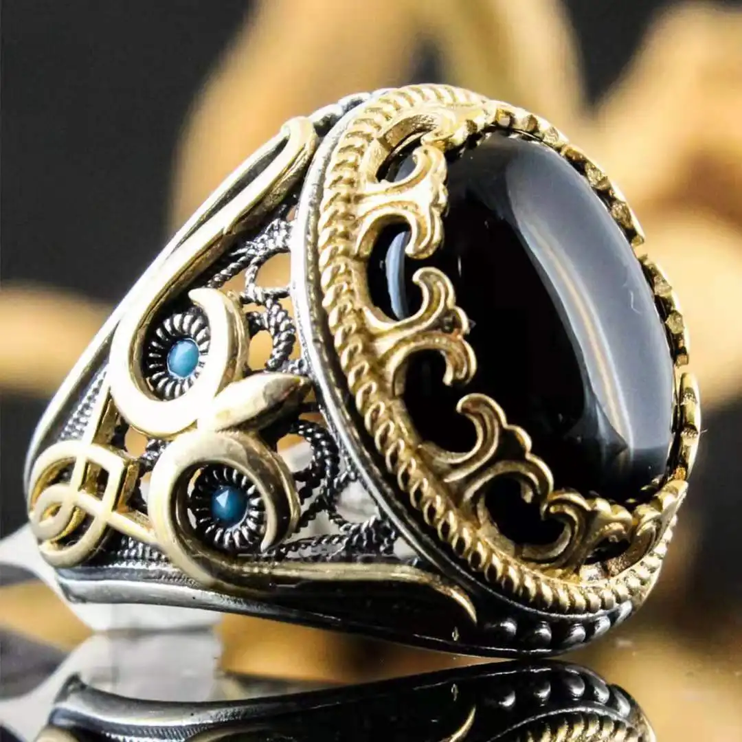 SGARIT قطرة التسوق التركية مجوهرات الأسود مجوهرات 925 فضة رجالي حجر العقيق الطبيعي خواتم للرجال