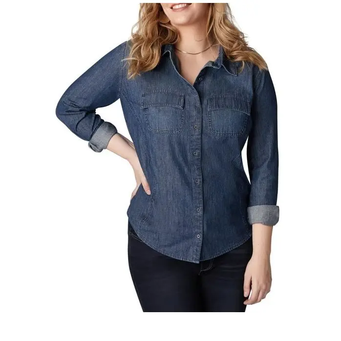 Ladies Femme Pocket Button Denim Shirt Washed Denim Women Blouses 2024 OEM Fashion Clothing Casual Denim Shirt Export From BD