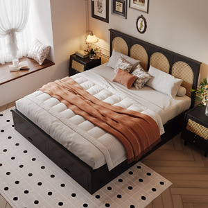 Solid Wood Tatami Storage Bed 1.8M Double <b>Walnut</b> Rattan Bed With <b>Drawers</b> For Master Bedroom - Product Image 1