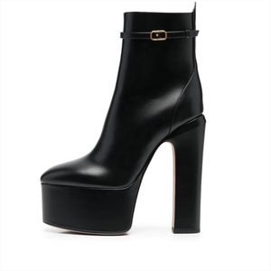 Bottines courtes noires à bout rond pour femme, en cuir véritable, à plateforme, talon bloc haut, avec fermeture éclair, chaudes pour l'hiver - Product Image 2