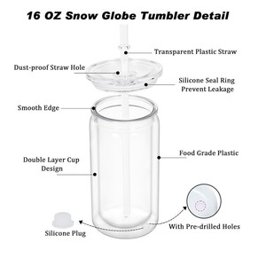 Gelas Tumbler Akrilik 16OZ Model Bola Salju, Dinding Ganda, Plastik, Lubang Sudah Dilubangi dengan Penutup, Gaya Stoples Mason Bening untuk DIY, Dilengkapi Tutup dan Sedotan - Product Image 2