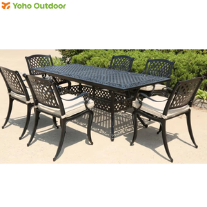 Juego de comedor moderno para exteriores, mesa de jardín con hierro fundido y aluminio diseñado para la vida urbana, materiales de madera de ratán y teca - Product Image 6