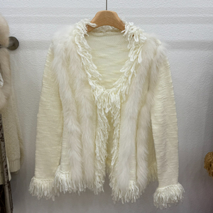 Cardigan en tricot à franges en fourrure de renard véritable de luxe pour femmes Tyan, col en V, manches longues, pull en tricot moelleux, manteau d'automne et d'hiver - Product Image 6