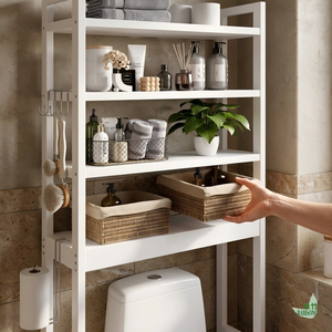 Étagère de rangement pour salle de bain en bambou, finition blanche, style décontracté, 4 niveaux ouverts avec crochets latéraux - Product Image 3