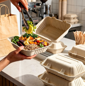 Scatole per Hamburger Usa e Getta Biodegradabili all'Ingrosso, Contenitori per Alimenti 100% Degradabili in Bagassa di Canna da Zucchero con Coperchio - Product Image 4