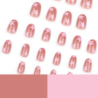 Design JP3743 Vente en gros de haute qualité Rond court avec étoiles roses Ongles à coller Ongles artificiels réutilisables