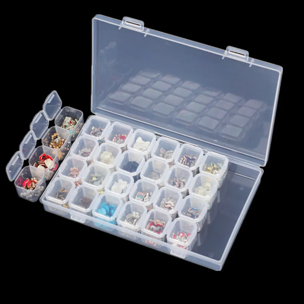 Caja de almacenamiento de plástico de 28 rejillas para herramientas de uñas, pastillero transparente desmontable para pintura de diamantes, accesorios para manualidades DIY
