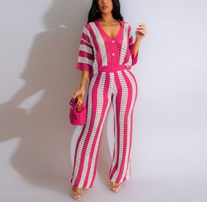 J0318 2026 Ensemble deux pièces tendance pour femme : Haut tricoté rayé à col et découpes en V et pantalon large – Ensemble <span class=keywords><strong>2</strong></span> pièces pour femme - Product Image 3