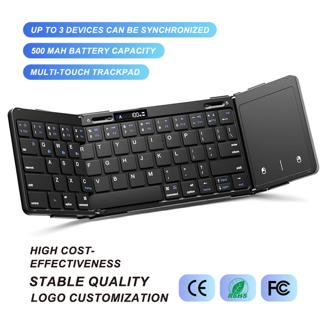 64 Keys BT Triple Folding Keyboard Portable Wireless Keyboard With Touchpad Rechargeable Tri-Folded Wireless Keyboard