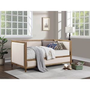 Beige Velvet Upholstered <b>Foldable</b> 1pc Day Bed Light Oak Bed Frame Nailhead Trim Bedroom Furniture <b>Mattress</b> Living Room Hotel - Product Image 1