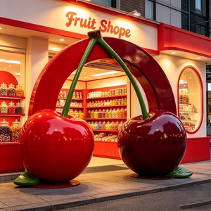 Escultura de arco doble gigante de cereza F033 de FRP, estatua de fruta roja personalizada, impermeable, para entrada de frutería, punto de referencia. - Product Image 1