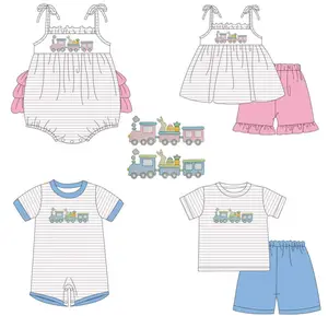 Custom Design Französisch Knoten Kleidung Kinder Stickerei Sommer Smocking Outfits Boutique Boy Girl Kleidung