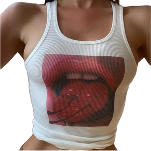 Débardeur court en jersey imprimé vintage style Spice Girl pour femme, coupe ajustée, anti-boulochage - Product Image 1