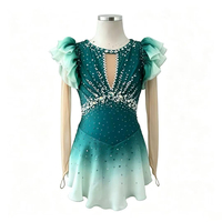 Robe de patinage artistique à manches longues vert foncé dégradé, dos ouvert ajouré, ornée de strass, pour concours de danse sur glace