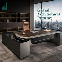 Bureau de direction ergonomique moderne et incurvé avec finition métallique, structure en bois, armoire latérale de rangement, écologique, usage commercial