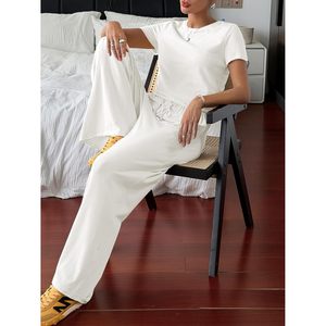 Fisoew Women 2 Piece Lounge <b>Set</b> Short Sleeve Crop Top Wide Leg <b>Sweatpants</b> Casual Summer Outfits Breathable Knitted Tracksuit - Product Image 5