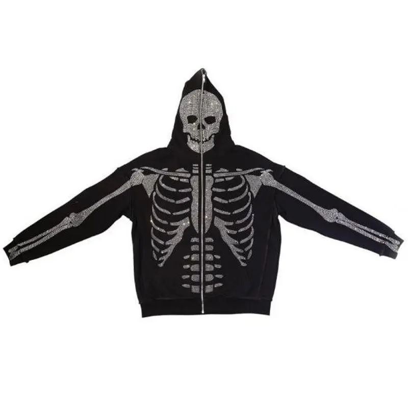 Wholesale Custom Bling Rhinestone Hoodie Design Skeleton Skull Full Zip Up Custom Rhinestone Hoodies