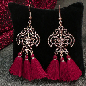 Bohemian <b>Red</b> Tassel <b>Drop</b> <b>Earrings</b> For Women Wedding Fashion Jewelry Zinc Alloy Crystal Rhinestone Bezel Setting - Product Image 4