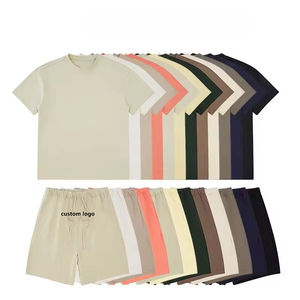 ชุดเสื้อยืดลำลองผู้ชาย ผ้าคอตตอนหนา 100% ทรงโอเวอร์ไซส์ ระบายอากาศได้ดี เหมาะสำหรับฤดูร้อน เสื้อยืดและกางเกงขาสั้นแบบเรียบๆ ชุดสองชิ้น - Product Image 1