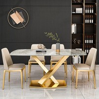 Ensemble de table à manger moderne en dalle de roche blanche avec 6 chaises en métal inoxydable pliables pour hôtel, banquet, mariage, famille, salon, maison