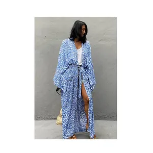 New Design Women's Summer Travel Beach Cover up Swimsuit Long Kimono Cardigan with Leopard Print Beach Dress