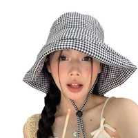 Sombrero de Pescador a Cuadros Blanco y Negro para Mujer, Estilo Coreano INS, Ala Ancha, Protección UV, Cubre Rostro, Sombrero para el Sol