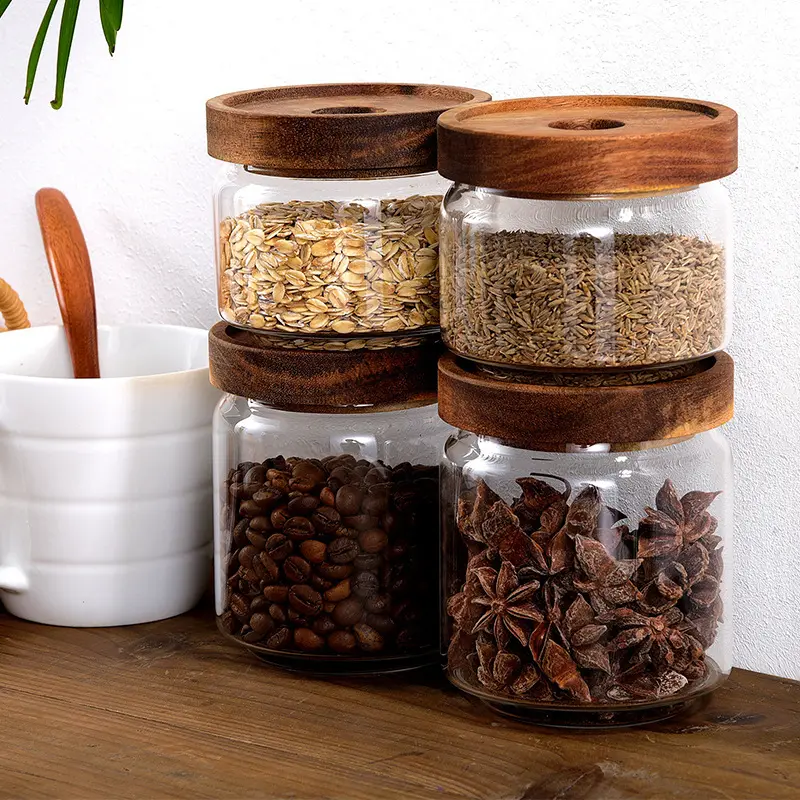 Wholesale Large Country Style Kitchen Food Spice High Borosilicate Glass Container Storage Jars With Bamboo Lids