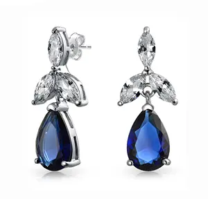 Bridal Jewelry 925 Sterling Silver Blue Sapphire Big Water Drop Crystal Teardrop Earrings