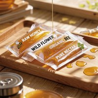 Sachet personnalisé imprimé pour bâtonnets de miel, scellage arrière, qualité alimentaire, pochette plastique thermoscellable, emballage individuel pour bâtonnets de miel liquide