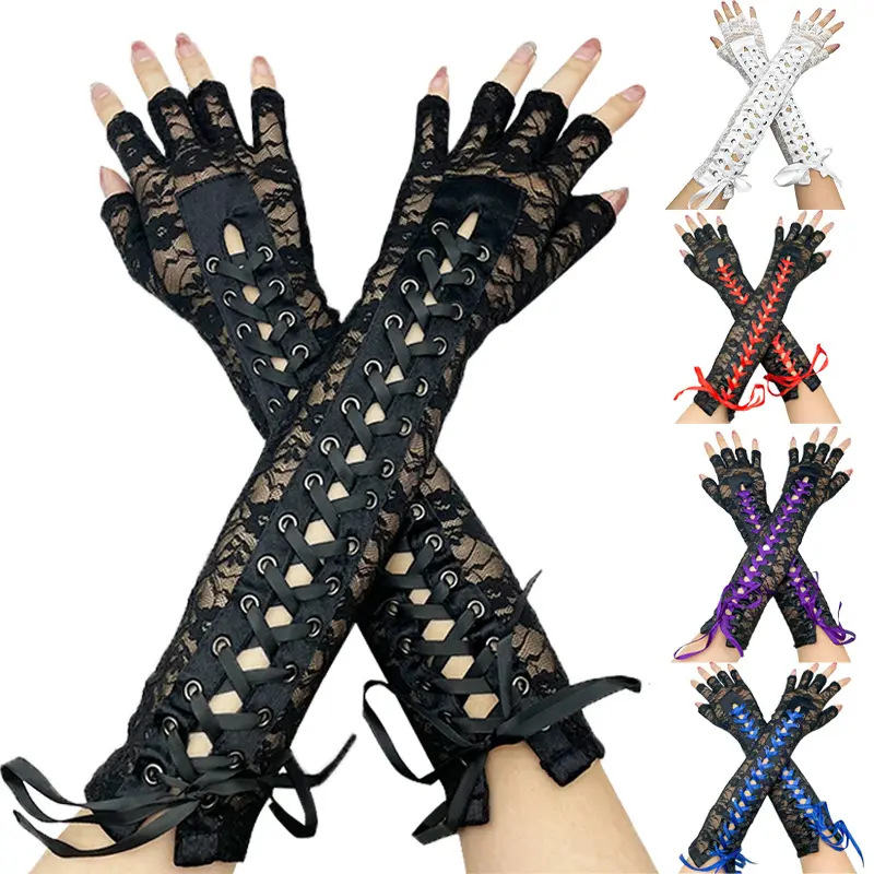 Wholesale Gothic Sexy Lace Women Black Fingerless Long Glove Halloween Fingerless Gloves Dance Cosplay Costume