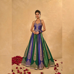 Conjunto de Lehenga de Seda Bordada Azul Verde para Mujer, Cuello Halter, Falda Maxi Larga hasta el Suelo, Traje Indio para Boda - Product Image 1