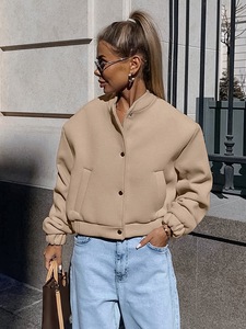Blouson bomber beige à col montant, bouton unique, coupe ample, style <span class=keywords><strong>oversize</strong></span>, veste courte décontractée streetwear pour <span class=keywords><strong>femme</strong></span> - Product Image 3
