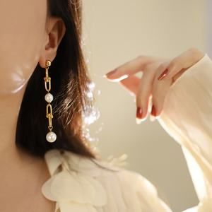 Pendientes Largos con Baño de Oro de 18K, Imitación de Perlas, Alambres para Pendientes de Acero Inoxidable, Pendientes de Perlas - Product Image 3