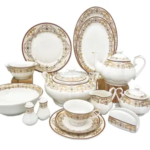 98pcs Vintage Vajilla De Porcelana New Bone China Porcelain Dinnerware Luxury Dinner Set With Gold Rim