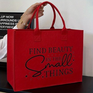Bolsa de Fieltro Roja, Bolsa de Mano Reutilizable con Estampado "Encuentra la Belleza en las Pequeñas <span class=keywords><strong>Cosas</strong></span>", Bolsa de Compras de Gran Capacidad para Uso Diario - Product Image 1