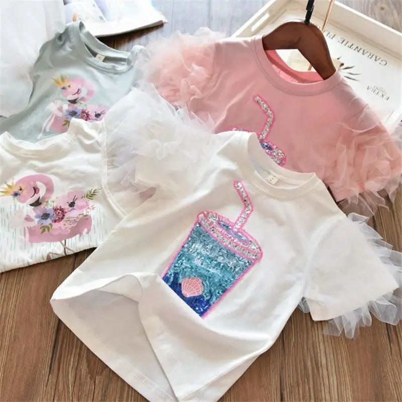 Girls T-Shirt Short Sleeve Tee Kids Cartoon Sequins Printing Tops