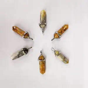 Natural Yellow Crazy Lace Agate Gemstone Pendant Necklace Healing Crystal Quartz Hexagonal Pointed Reiki Chakra Pendant 8*32mm