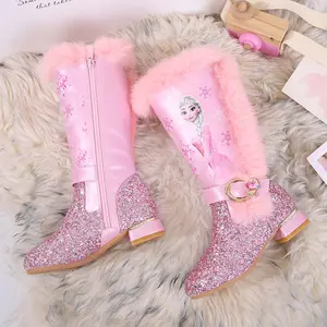 Girls' high heel boots children's tall plush snow warm boots Waterproof and anti-slip Princess Thermal boots dropshipping