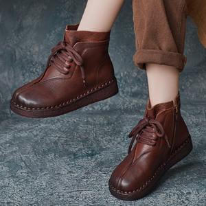 Bottes montantes imperméables en cuir de vachette style britannique à bout rond, avec embout en acier, semelle souple et empiècements, pour femme - Product Image 2